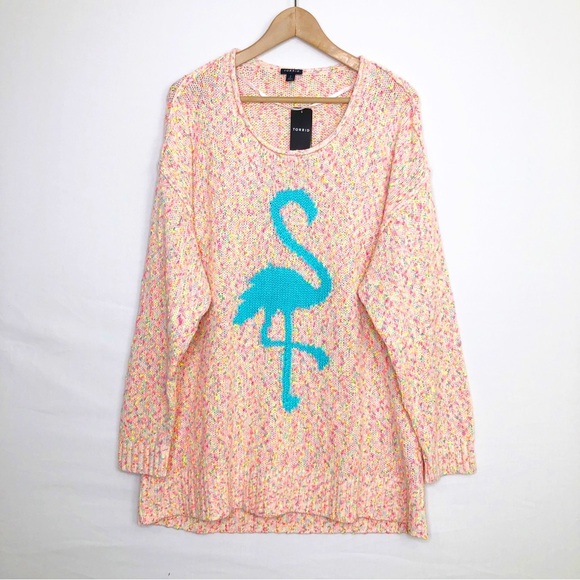 Torrid speckled multicolored flamingo, graphic, print, pull over sweater - Picture 1 of 12